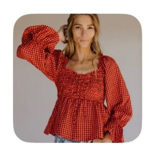 Merci Black and Red Gingham Puffed Sleeved Blouse Sz L